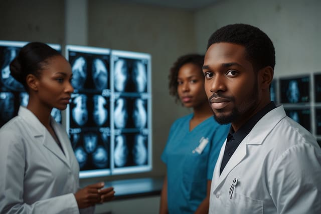 Oncology professionals gathered around a table during a case review session
